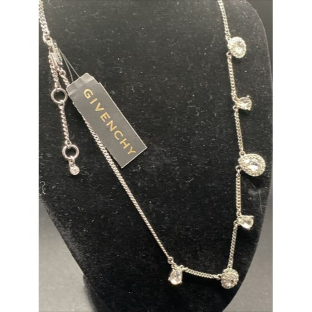 Signed Givenchy Necklace Rhinestone Pear Shape Crystal Silver Tone 15" + 3" NWT - Picture 6 of 9